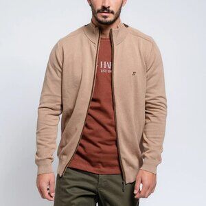 SMF Tan Knit Mock Collar Long Sleeve Zip Up Jacket With Contrast Brown Detail